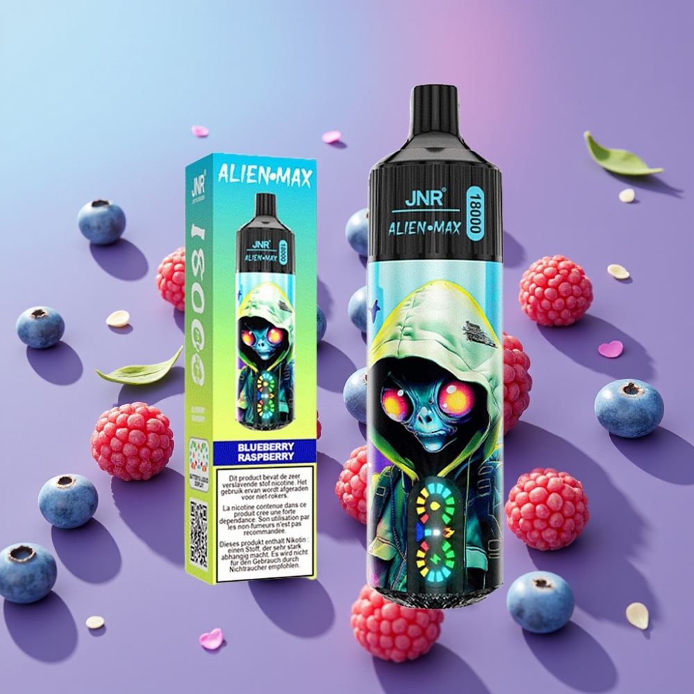 JNR Alien Max 18000 Puffs Čučoriedka Malina, Smart LED Display, Dual Mesh Coil, 20 flavors