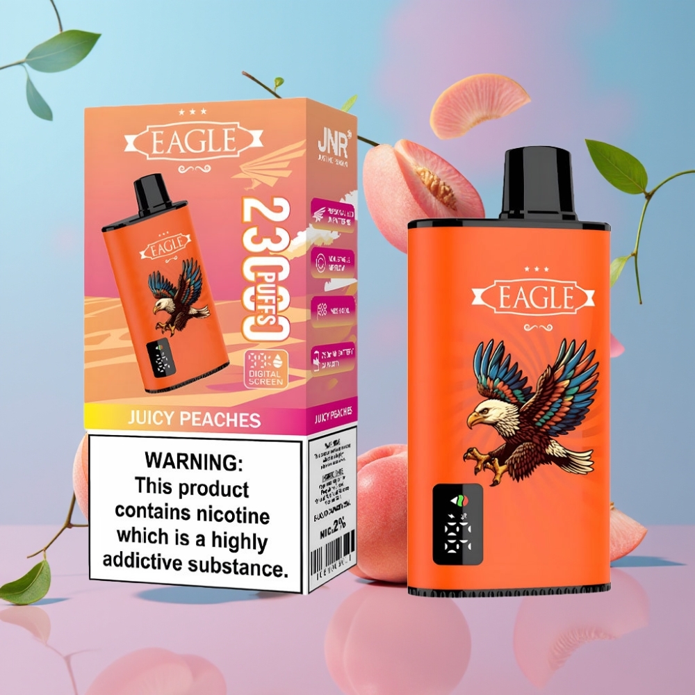 JNR EAGLE Smart Šťavnaté Broskyne 23000 Puffs, Digitálny Displej, Nastaviteľný Prietok Vzduchu, 25ml