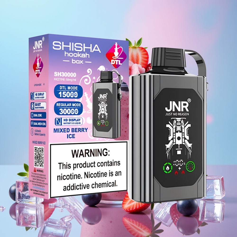 JNR Shisha Hookah Box 20500 Puffs Mixované Bobule a Ľad, HD Display, Dual Mesh Coil
