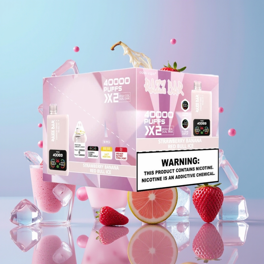 Razz Bar 40000 Puffs Disposable Vape JAHODA BANÁN & RED BULL ICE 40000 Puffs 1.0Ω×2 Mesh Coil Type-C