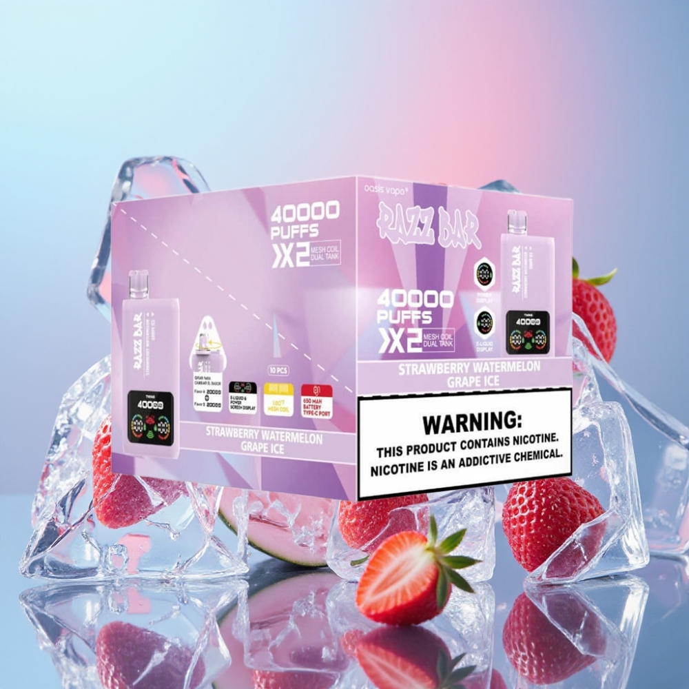 Razz Bar 40000 Puffs Disposable Vape JAHODA MELÓN & ĽADOVÝ HROZNO 1.0Ω×2 Mesh Coil 650mAh