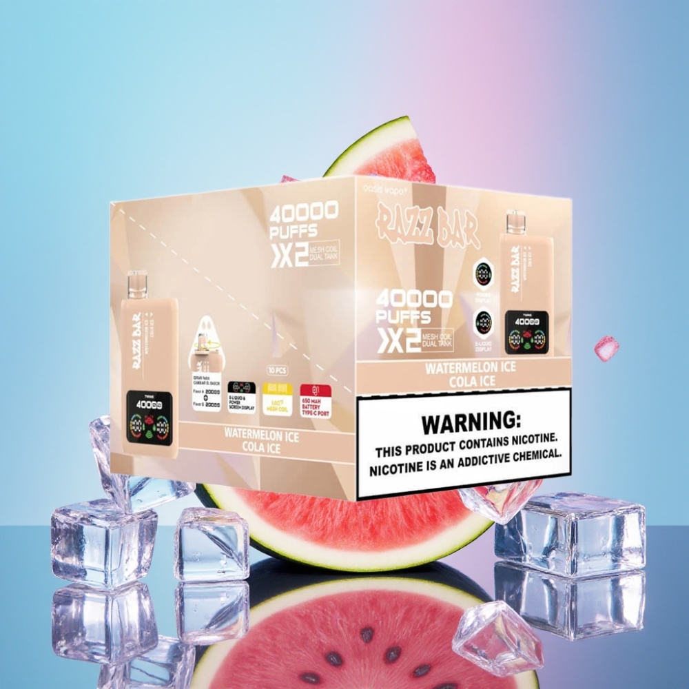 Razz Bar 40000 Puffs Disposable Vape MELÓNOVÝ ĽAD & KOLOVÝ ĽAD 40000 Puffs 1.0Ω×2 Mesh Coil 650mAh