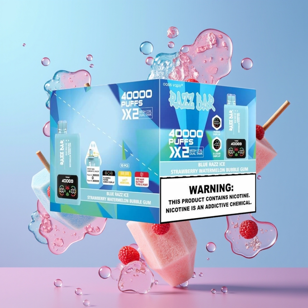 Razz Bar 40000 Puffs Disposable Vape MODRÁ MALINA ĽAD-JAHODA DYŇA BUBBLECUM 1.0Ω×2 Mesh Coil Type-C