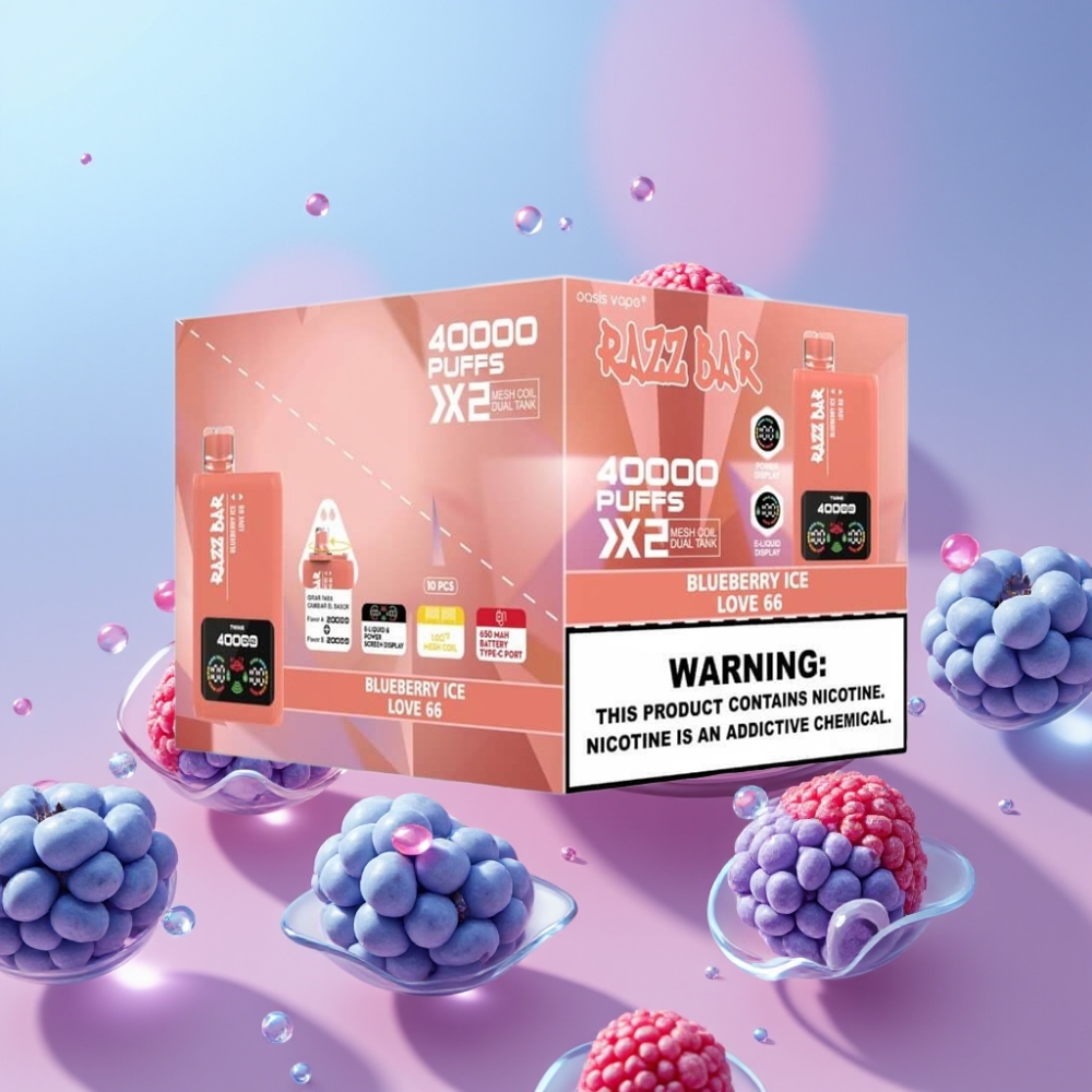 Razz Bar 40000 Puffs Disposable Vape ČUČORIEDKOVÝ ĽAD & LOVE 66, 1.0Ω×2 Mesh Coil, 650mAh