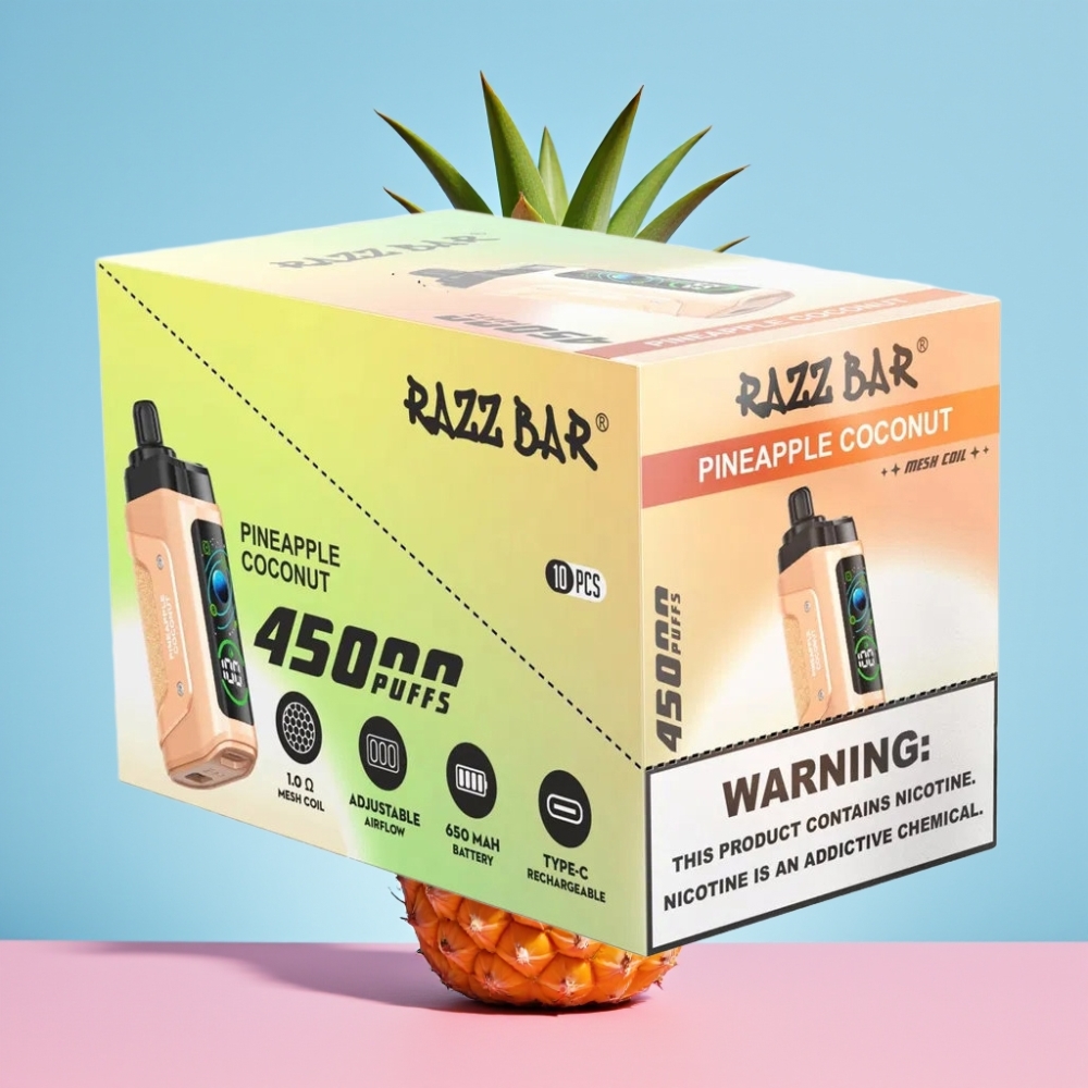 Razz Bar 45000 Puffs Disposable Vape Ananás Kokos, 650mAh, Typ-C, 20mg/ml