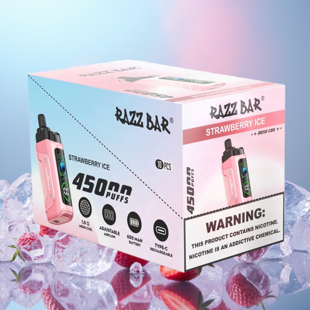 Razz Bar 45000 Puffs Disposable Vape Jahoda Ľadová, 1.0 Ohm Mesh Coil, Typ-C