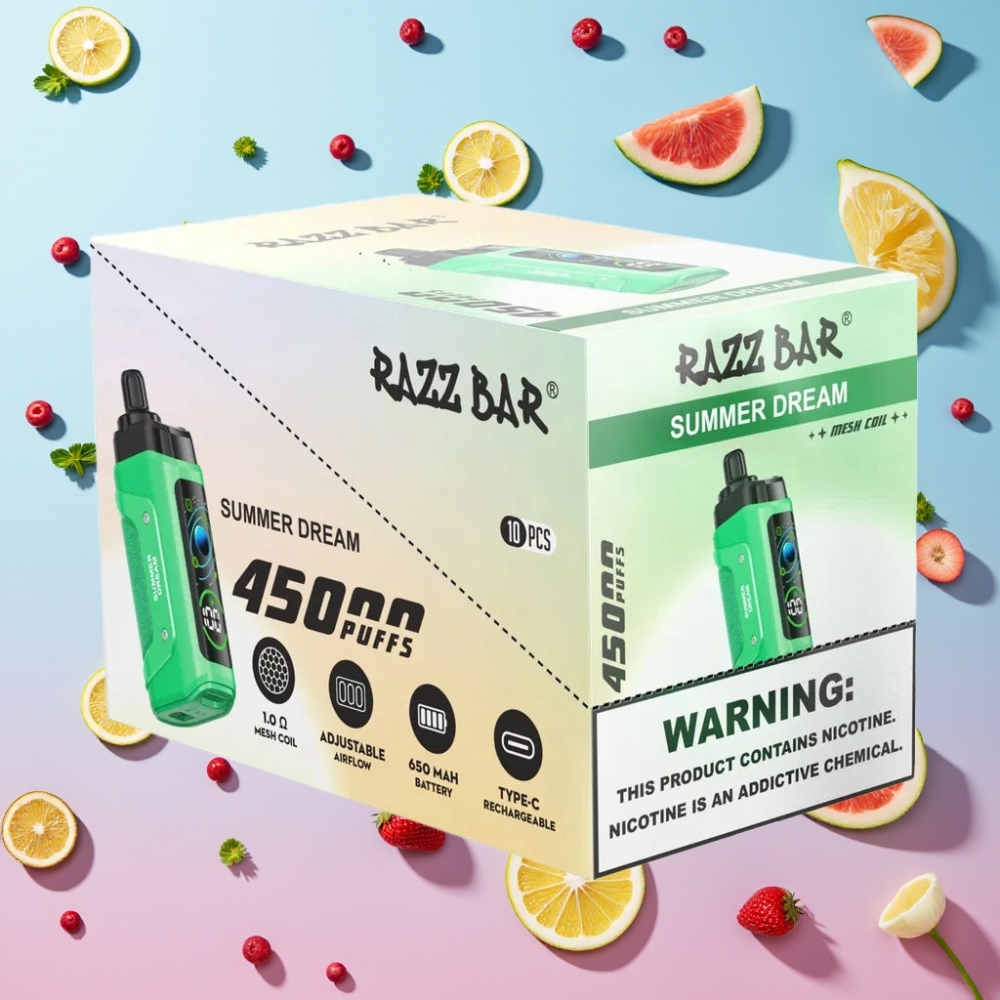 Razz Bar 45000 Puffs Disposable Vape Letný Sen, 1.0 Ohm Mesh, Typ-C, 20 mg/ml
