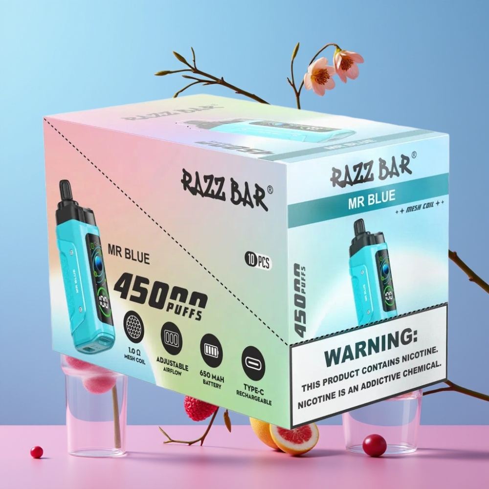 Razz Bar 45000 Puffs Disposable Vape Pán Modrý, 1.0 Ohm Mesh, Typ-C, 20 mg/ml