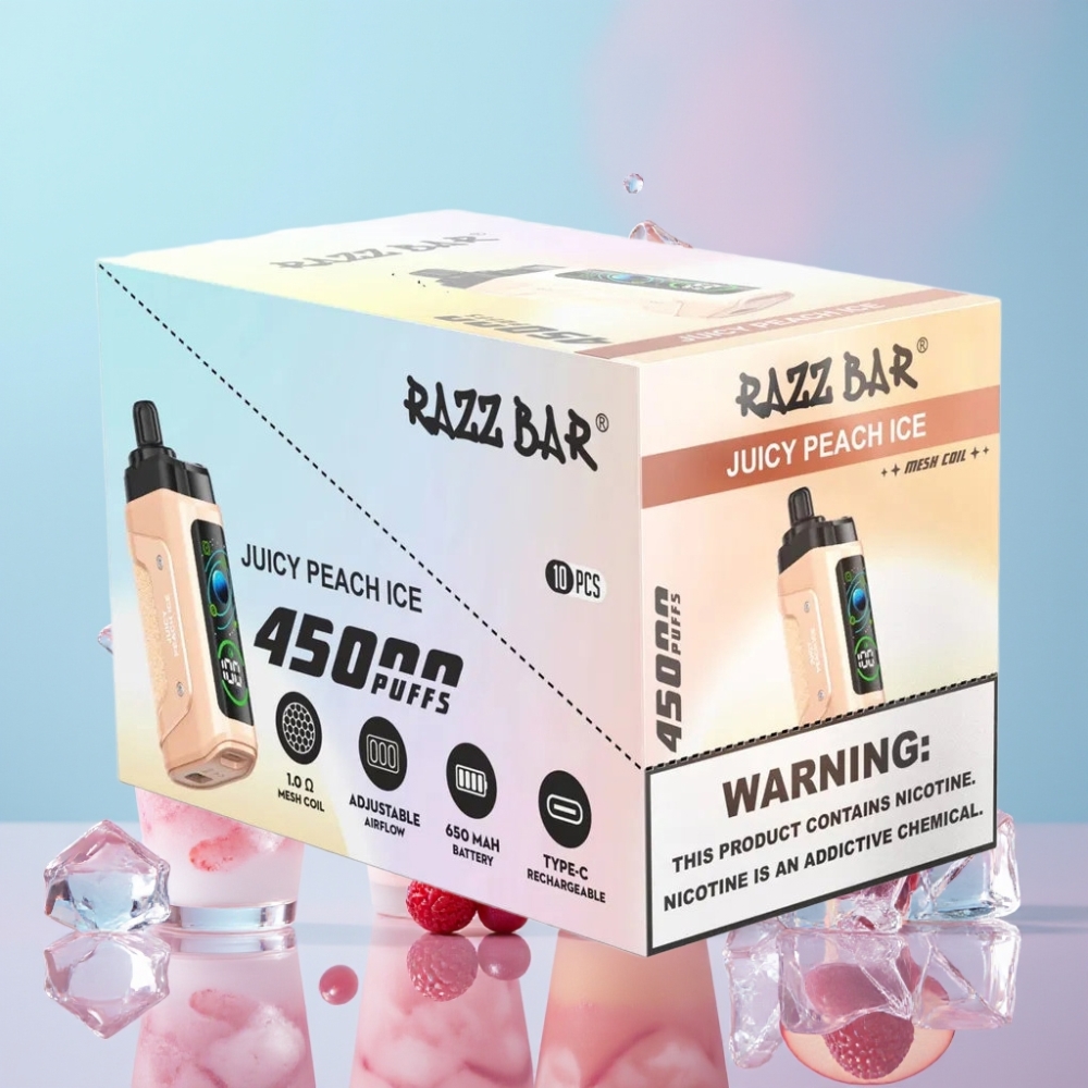 Razz Bar 45000 Puffs Disposable Vape Šťavnatá Broskyňa Ľadová, 1.0 Ohm Mesh Coil, Typ-C