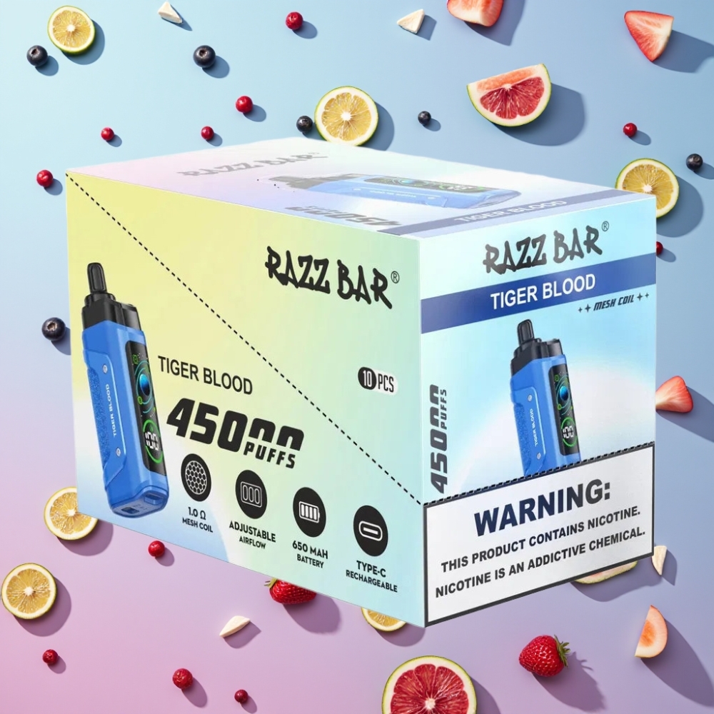Razz Bar 45000 Puffs Tiger Blood – 1.0 Ohm Mesh, Nastaviteľný prietok vzduchu, Typ-C
