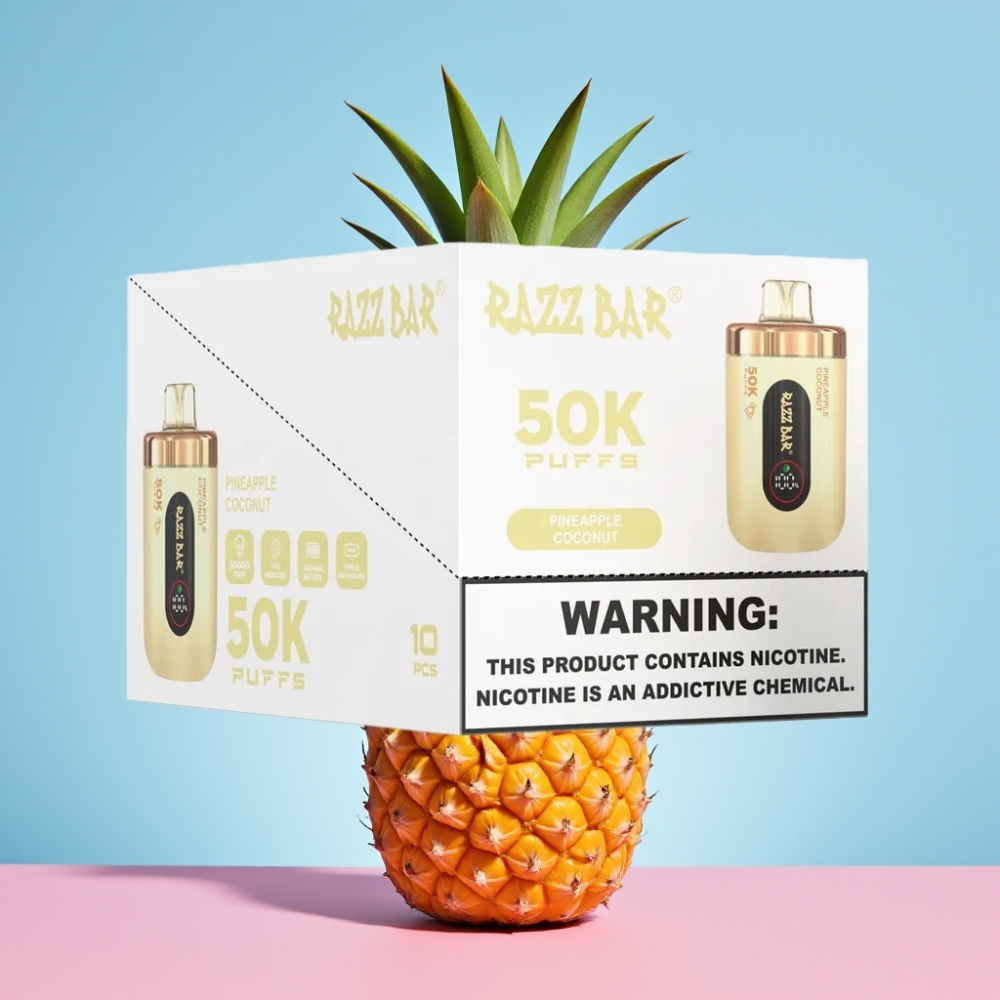 Razz Bar 50K Puffs Disposable Vape Ananás Kokos 50K Puffs 1.0 Ohm Mesh 650mAh Type-C