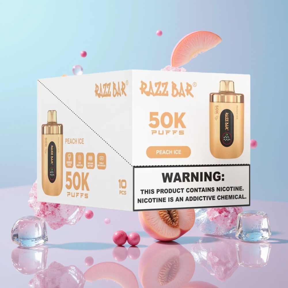 Razz Bar 50K Puffs Disposable Vape Broskyňový ľad, 50000 Puffs, 1.0 Ohm Mesh Coil, 650 mAh