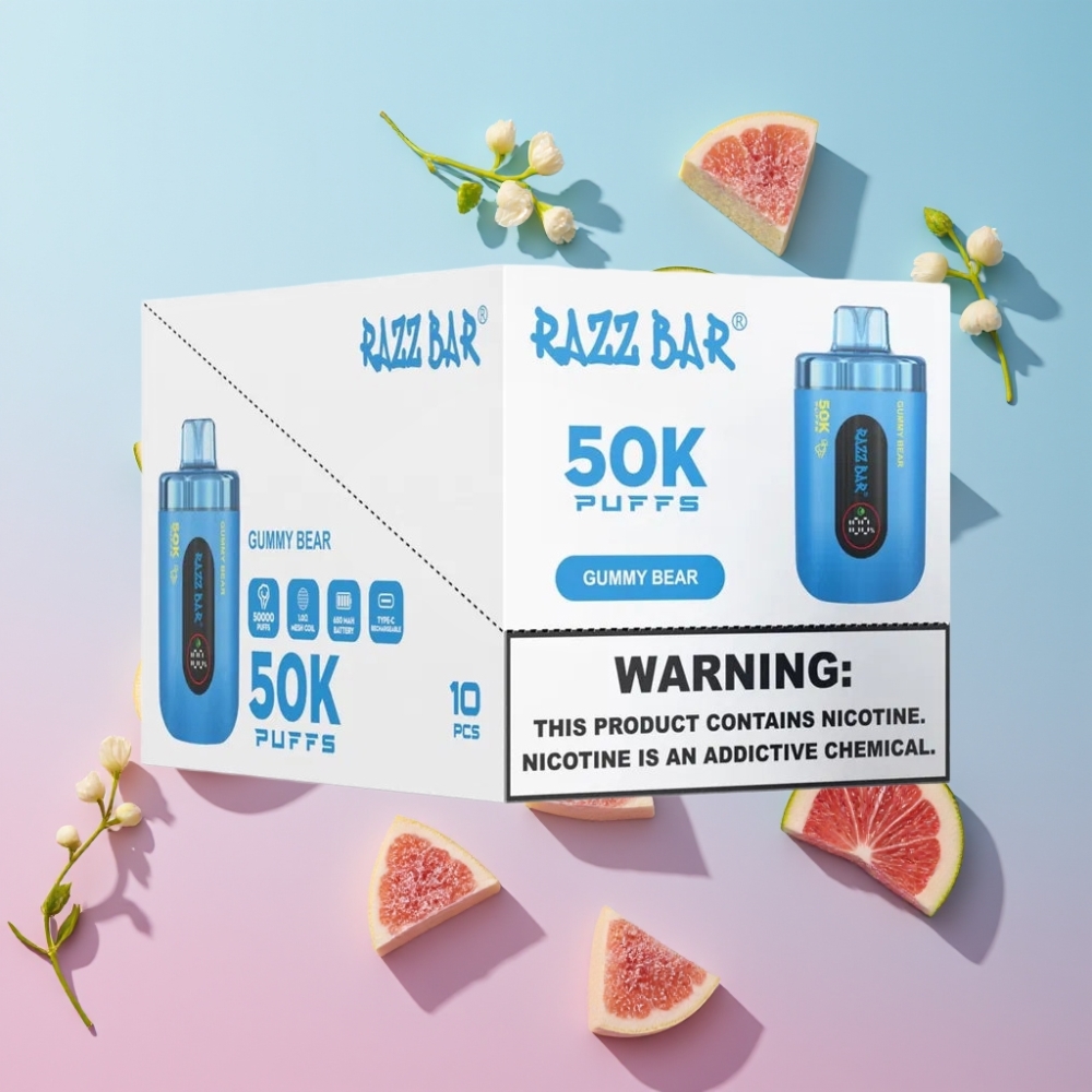 Razz Bar 50K Puffs Disposable Vape Gummy Bear Medvedík 1.0 Ohm Mesh Coil 650mAh Type-C