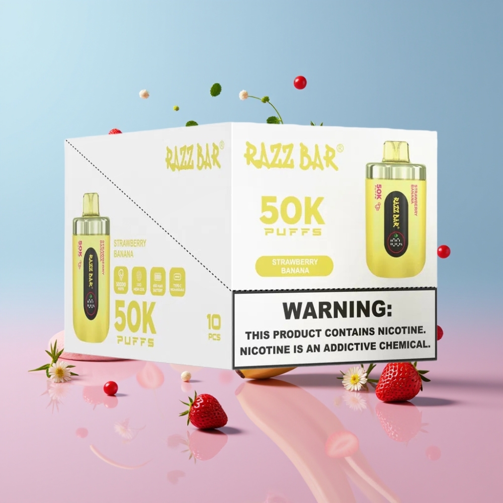 Razz Bar 50K Puffs Disposable Vape Jahoda Banán a Malina, 50000 Puffs, 1.0 Ohm, 650mAh