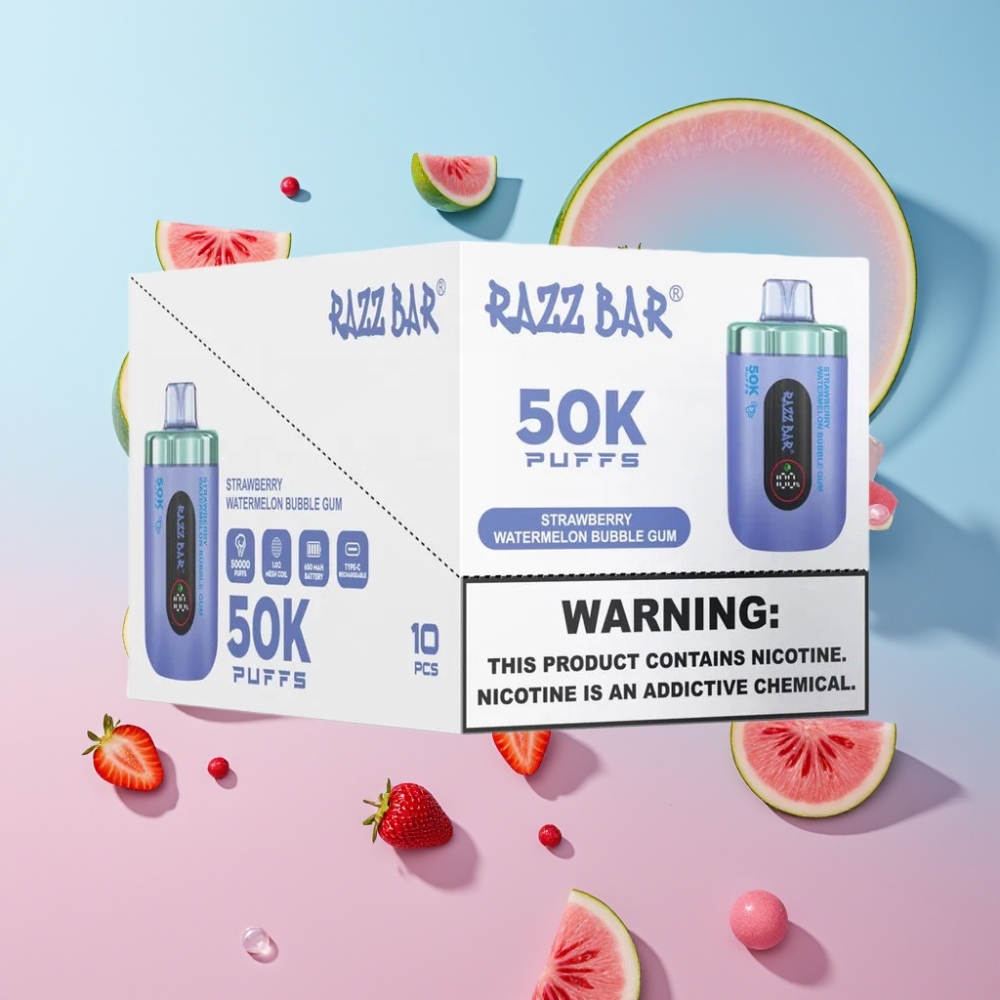 Razz Bar 50K Puffs Disposable Vape Jahodový Melónový Bubble Gum, 50000 Puffs, 1.0 Ohm Mesh Coil, 650mAh