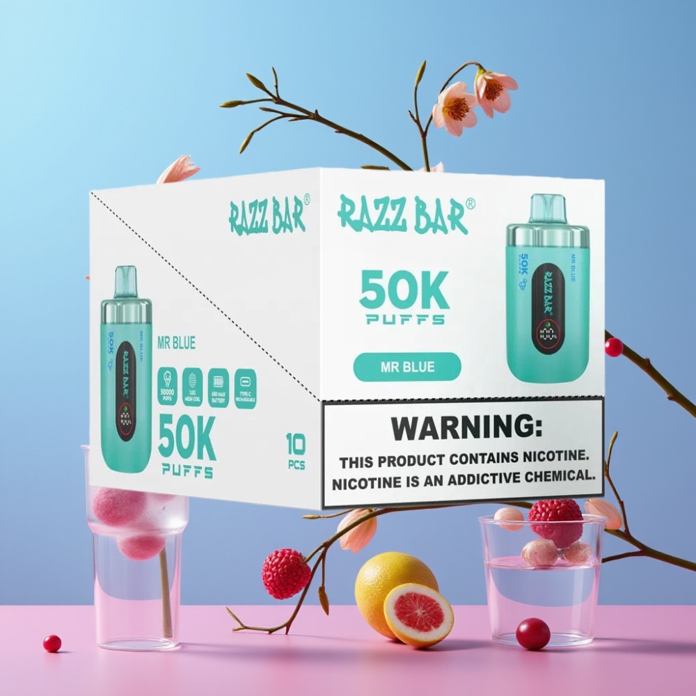 Razz Bar 50K Puffs Disposable Vape Pán Modrý, 50000 Puffs, 1.0 Ohm Mesh Coil, 650 mAh
