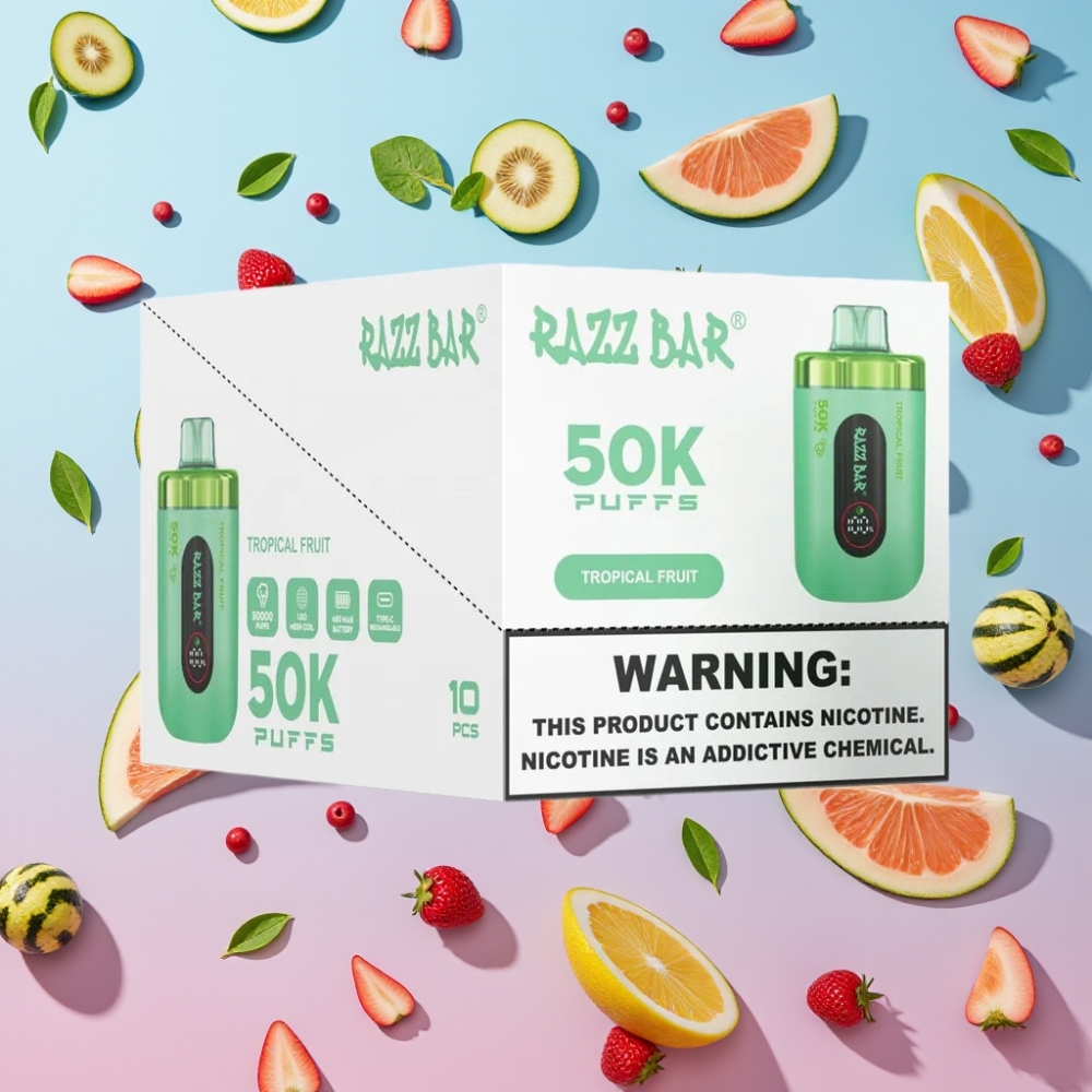 Razz Bar 50K Puffs Disposable Vape Tropické Ovocie 50K Puffs 1.0 Ohm Mesh 650mAh