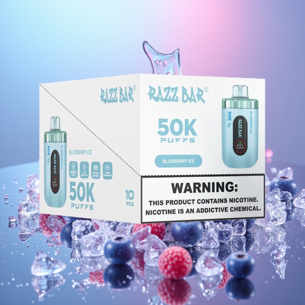 Razz Bar 50K Puffs Disposable Vape Čučoriedkový ľad 50000 Puffs 1.0 Ohm Mesh Coil 650mAh